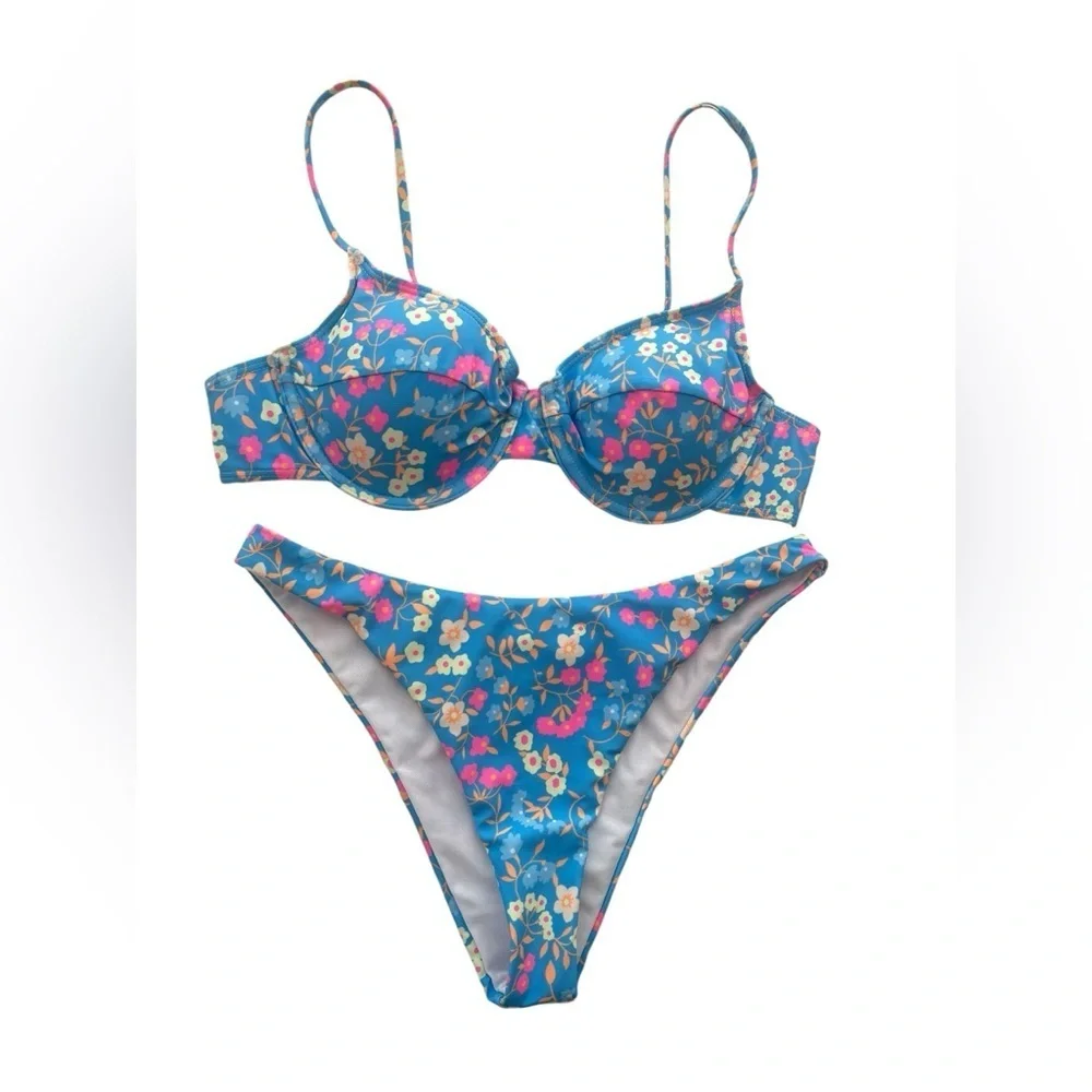SHEIN Blue and Pink Bikini Set with Floral Design